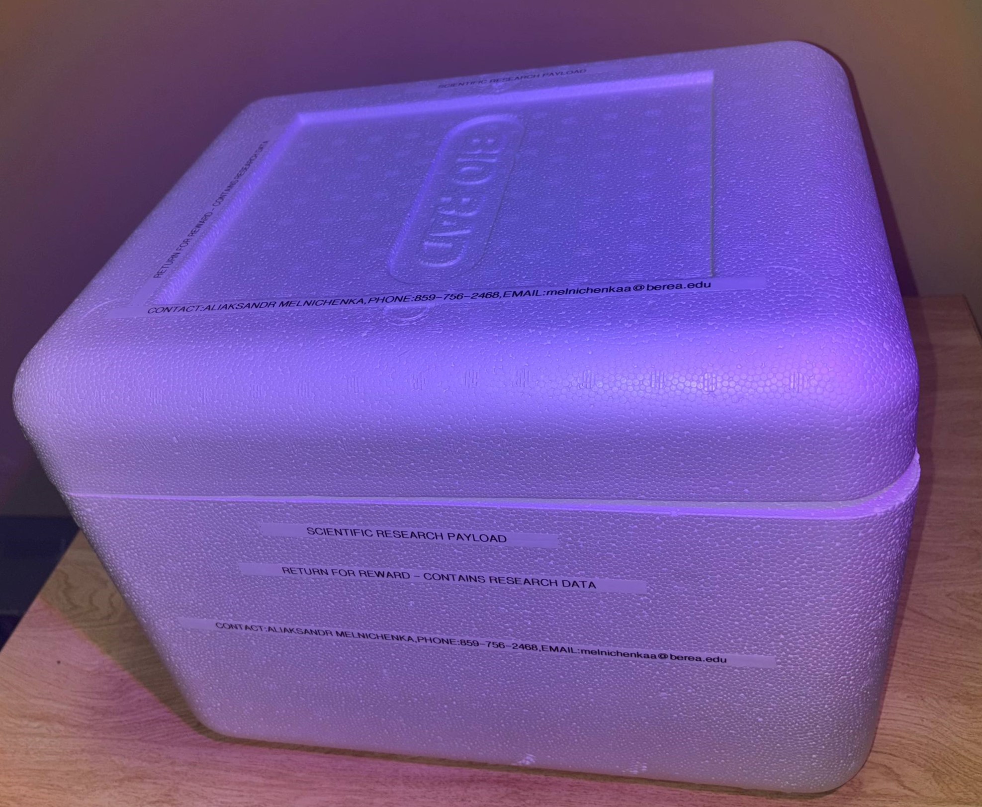Sealed styrofoam payload enclosure with sensor windows cut into the lid and camera ports on the sides